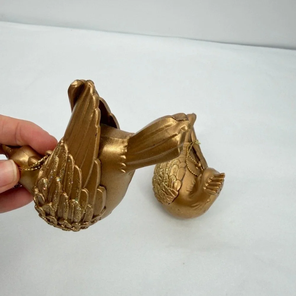 Gold Glitter Hanging Bird Christmas Ornaments Mount Set of 2 Holiday Decor
